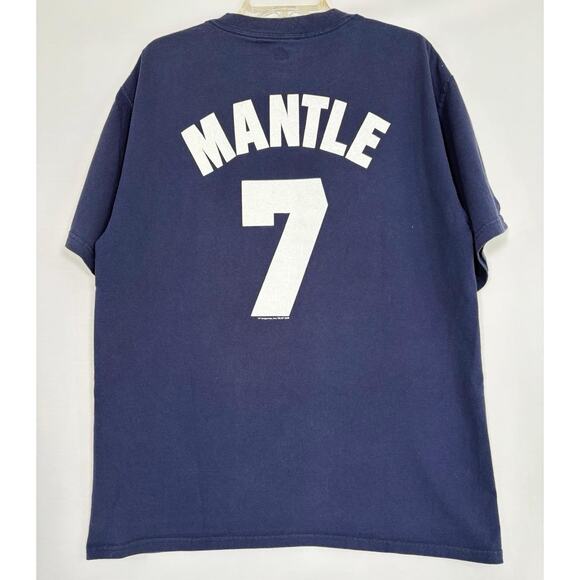 Men’s VTG Y2K Majestic MLB New York Yankees Mickey Mantle 7 Cotton T Shirt Sz L - Picture 2 of 11